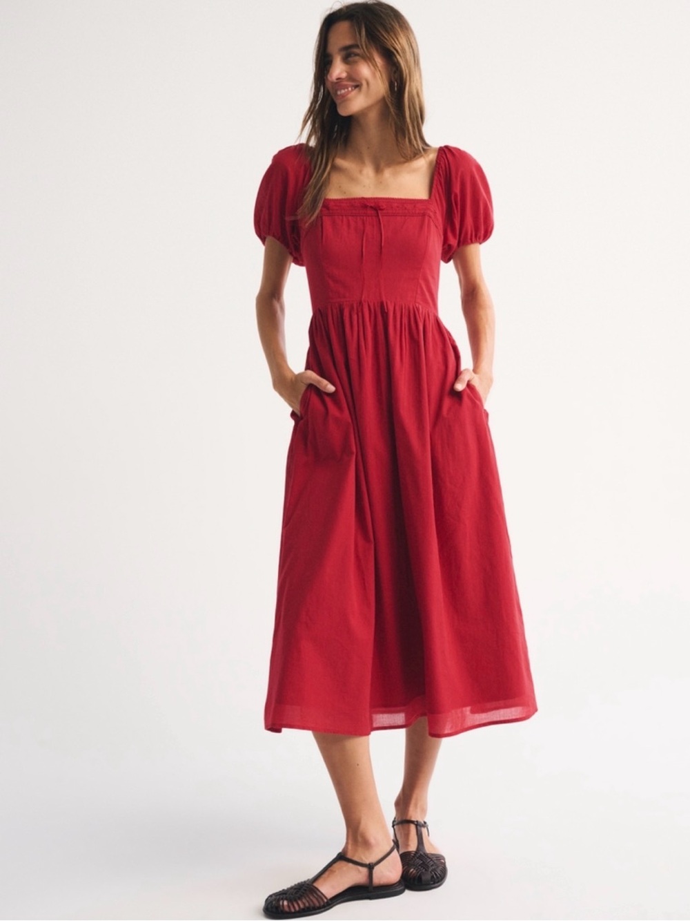 Abercrombie & Fitch Puff-Sleeve Square-Neck Midi Dress